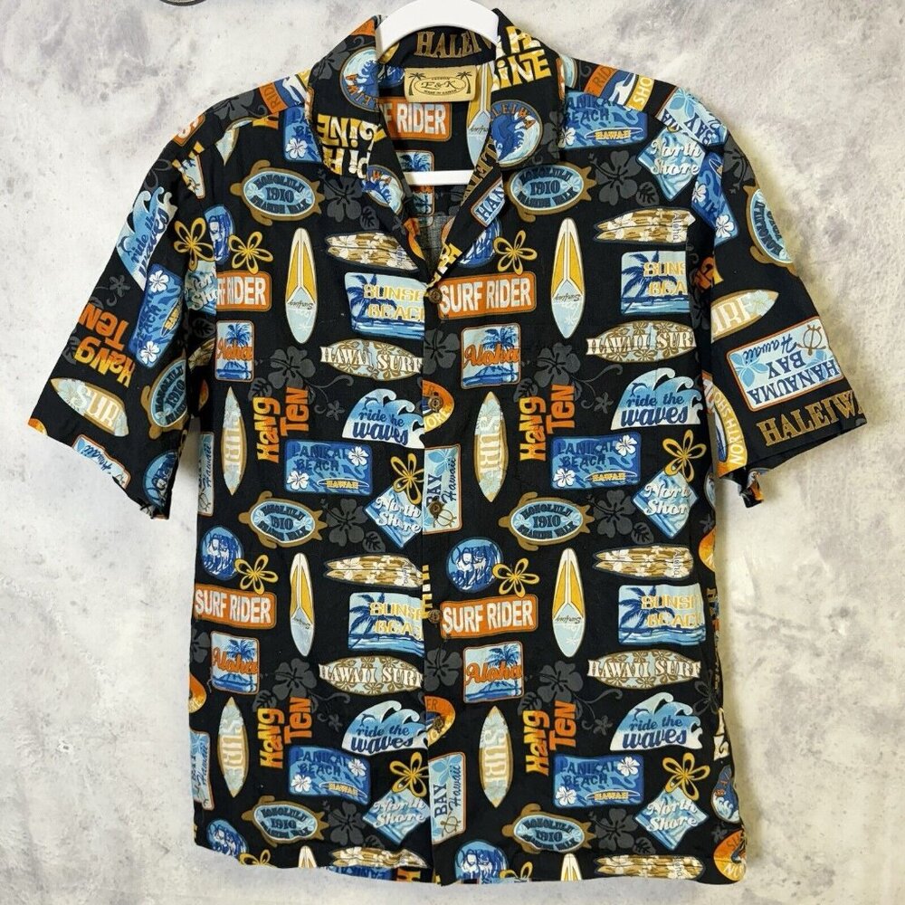 E&K Hawaii Button Up Shirt Mens Medium Black Short Sleeve Hawaiian Vintage
